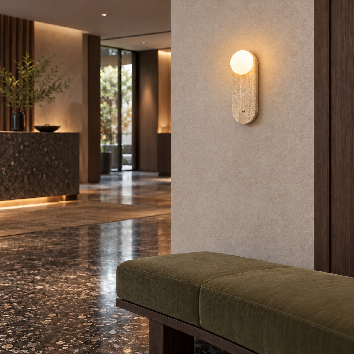 KOYAMA RISHIRI travertine wall light — scene-b with corrected installation scale