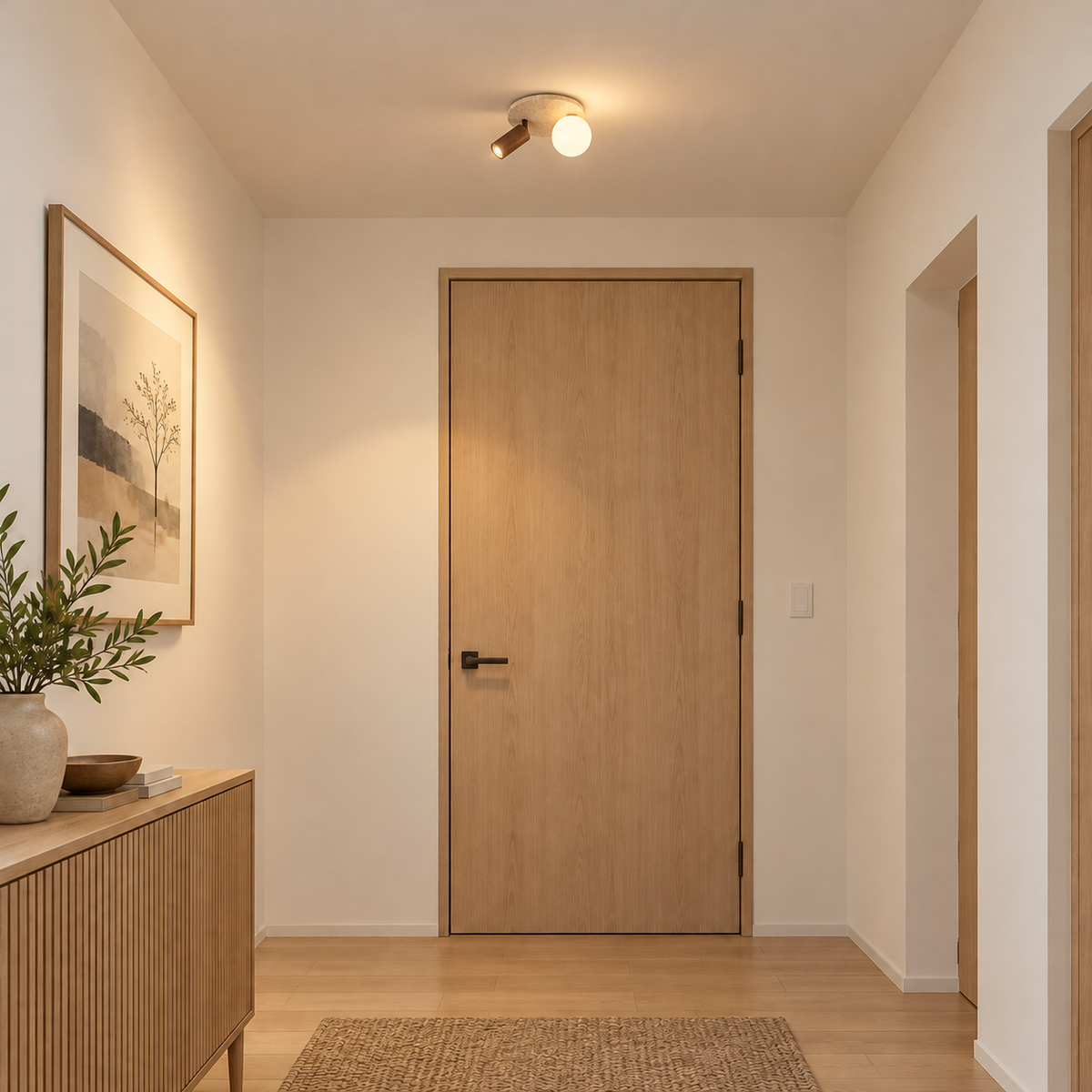 RUSUTSU realistic contemporary installation illustration, corrected fixture scale