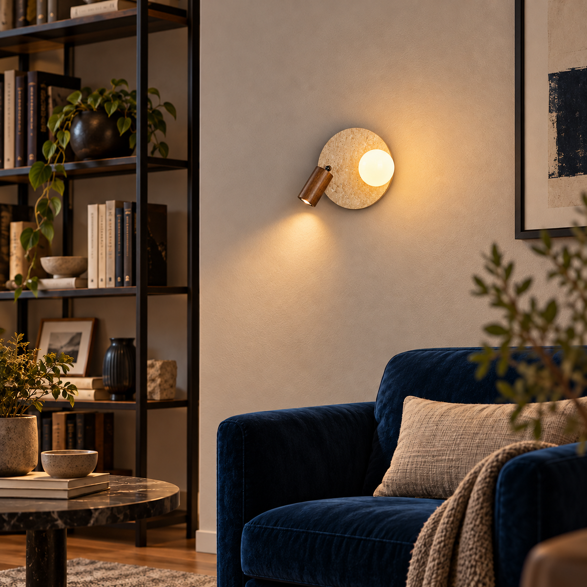 KOYAMA SARUFUTSU travertine wall light — scene-a with corrected installation scale