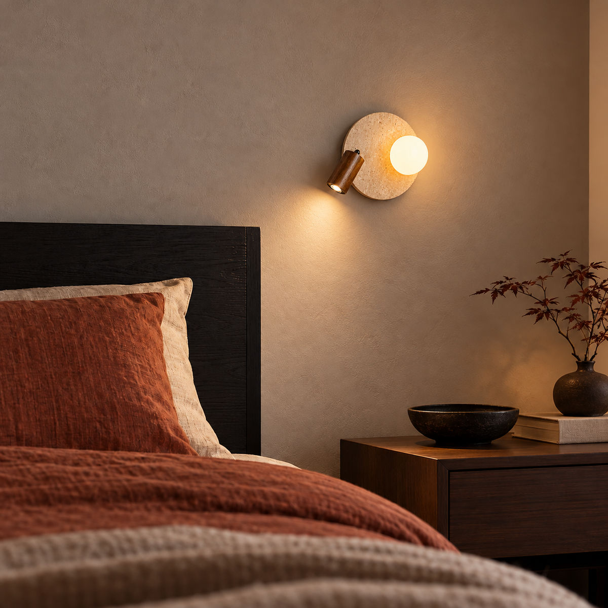 KOYAMA SARUFUTSU travertine wall light — scene-b with corrected installation scale