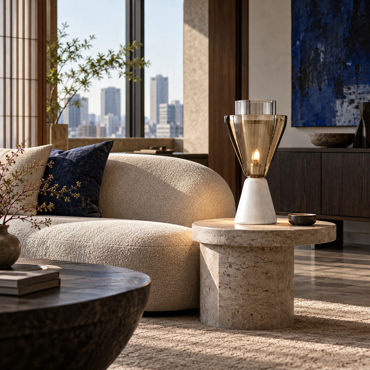 KOYAMA MIE Glass & Marble Hourglass Table Lamp