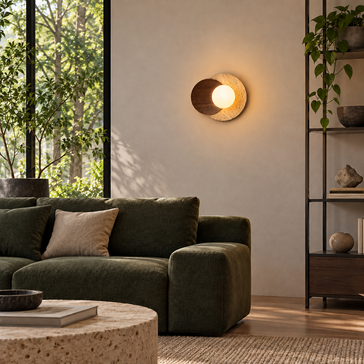 KOYAMA SHIBECHA travertine wall light — scene-a with corrected installation scale