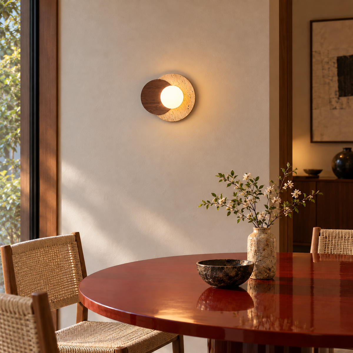 KOYAMA SHIBECHA travertine wall light — scene-b with corrected installation scale