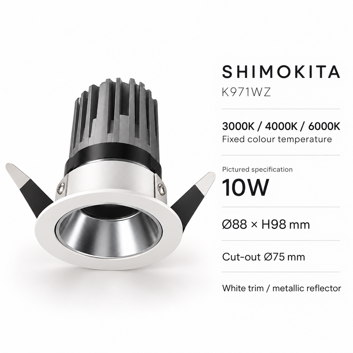 KOYAMA SHIMOKITA - representative dimensions, cut-out and fixed colour temperature options