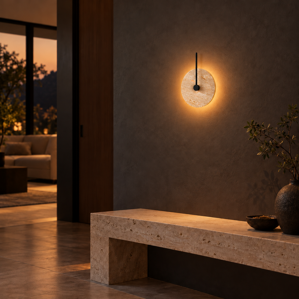 KOYAMA SHINSHINOTSU travertine wall light — scene-a with corrected installation scale