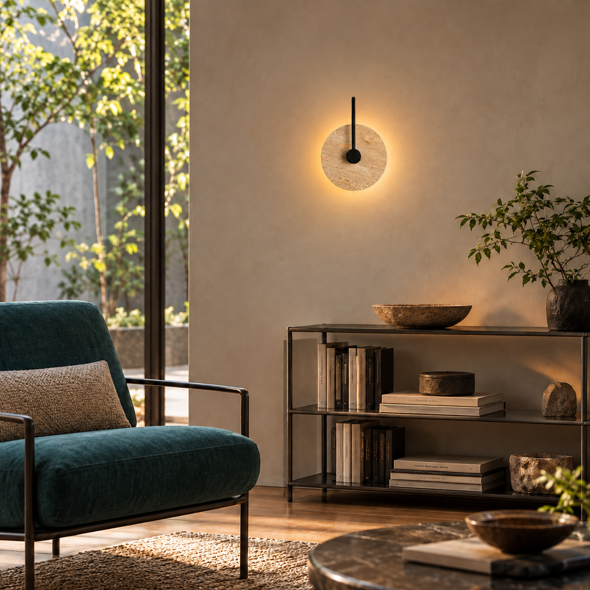 KOYAMA SHINSHINOTSU travertine wall light — scene-b with corrected installation scale