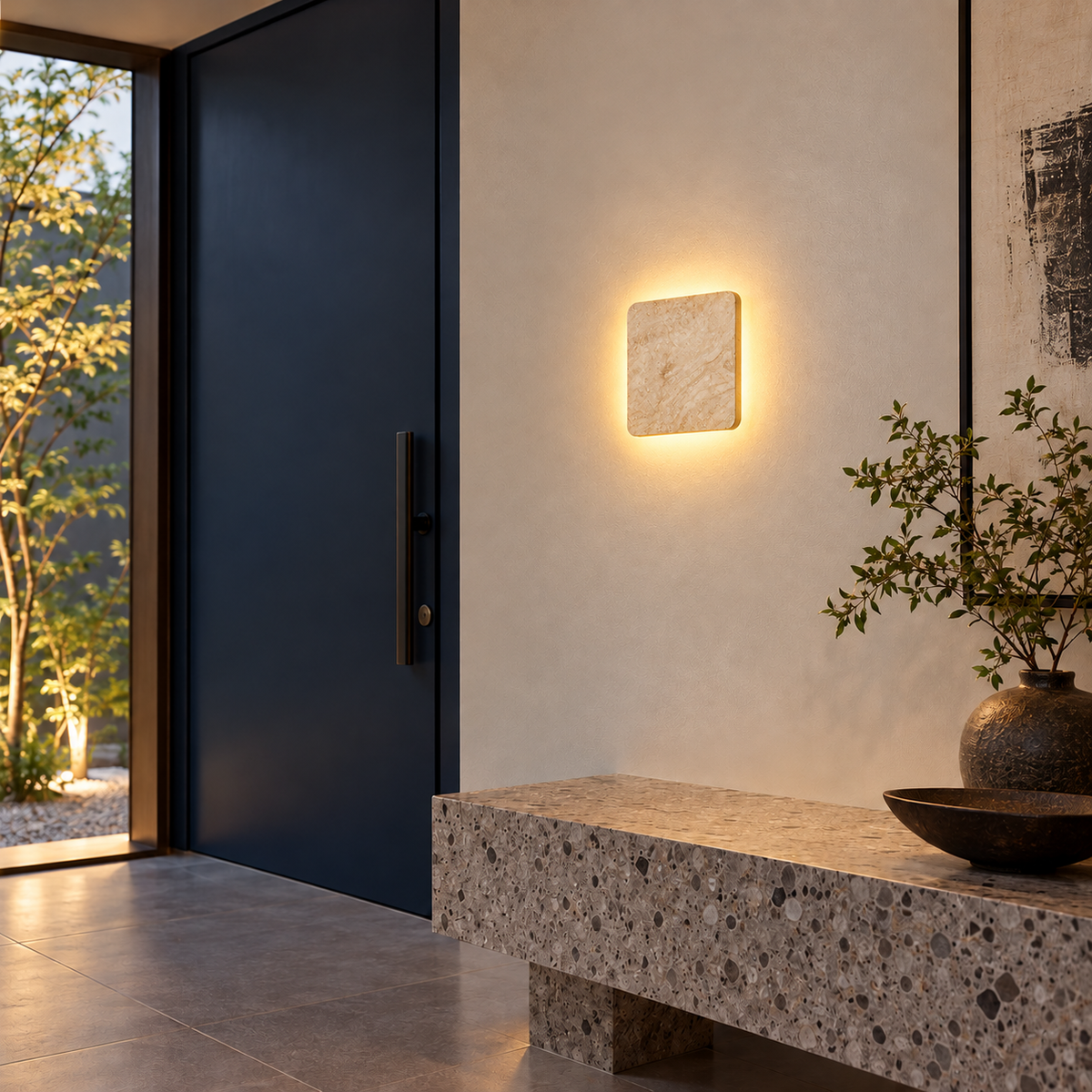 KOYAMA SUNAGAWA travertine wall light — scene-a with corrected installation scale