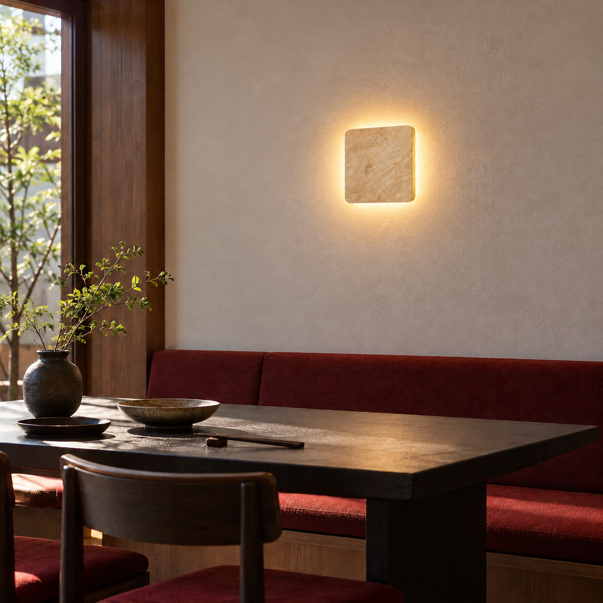 KOYAMA SUNAGAWA travertine wall light — scene-b with corrected installation scale