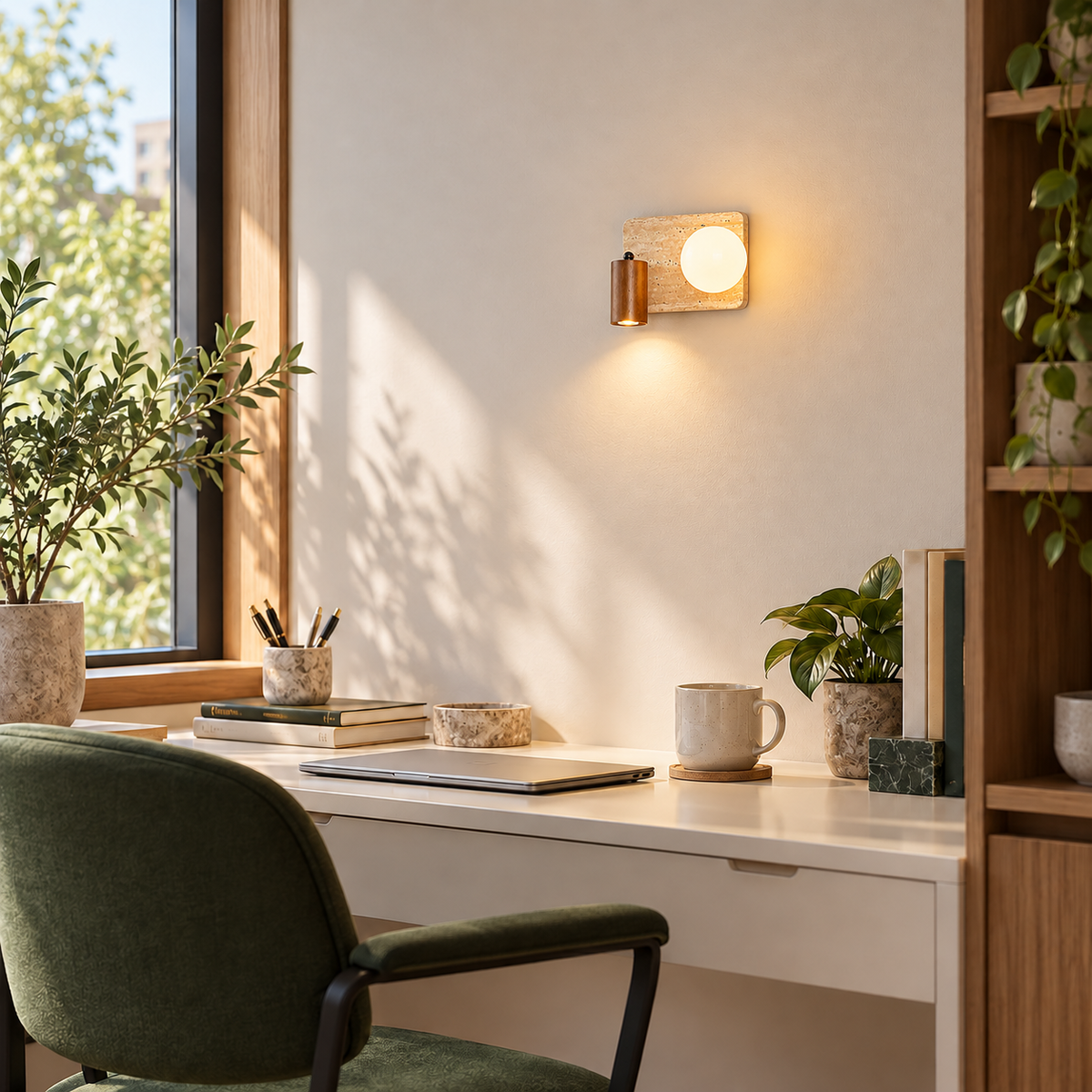 KOYAMA TOYOKORO travertine wall light — scene-a with corrected installation scale