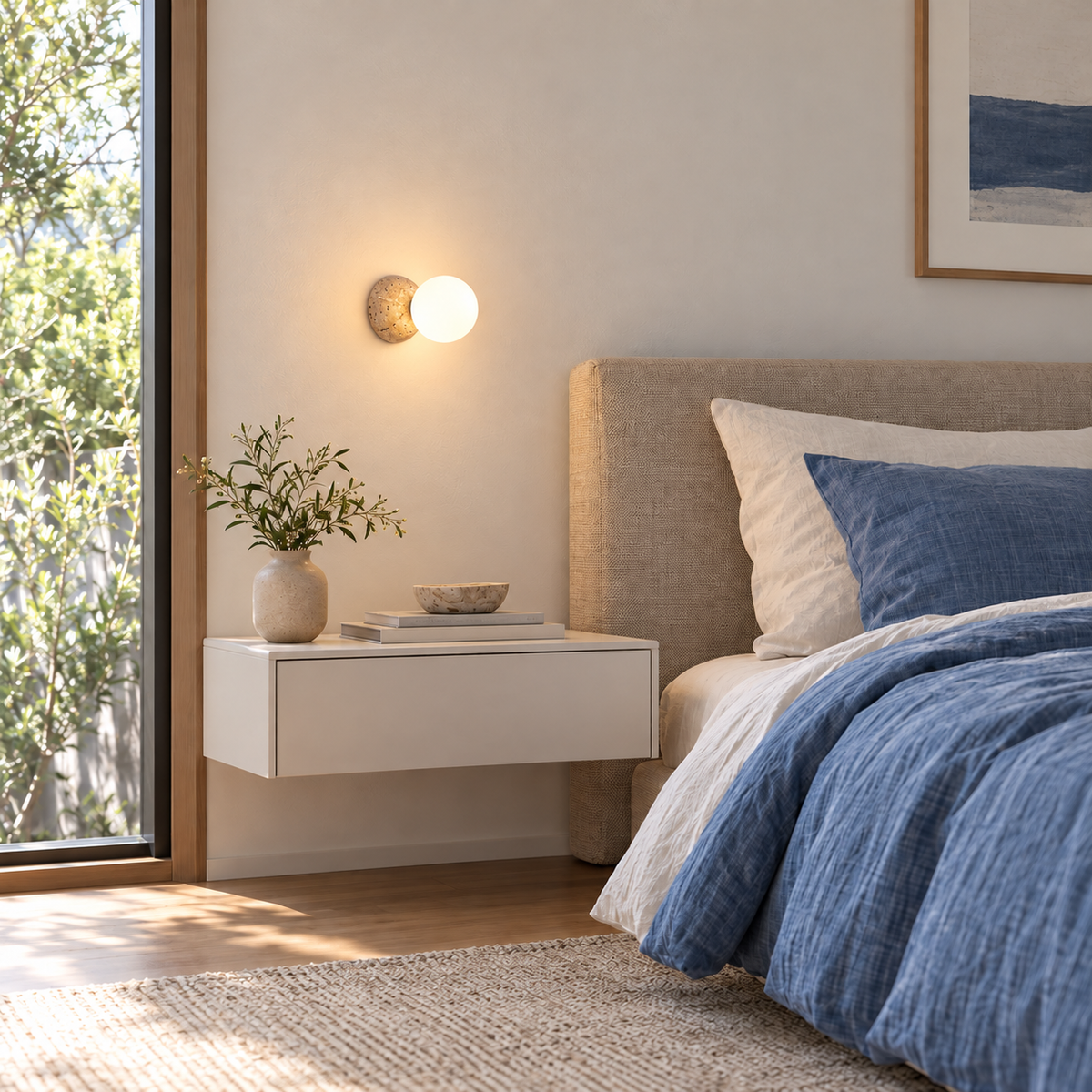 KOYAMA TOYOTOMI travertine wall light — scene-a with corrected installation scale