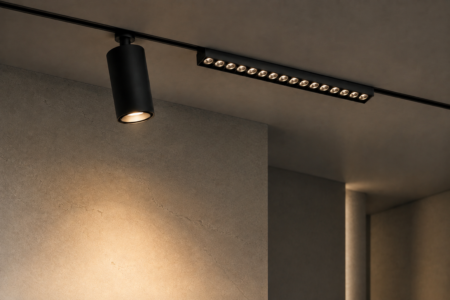 Ultra-slim magnetic track lighting in a contemporary interior