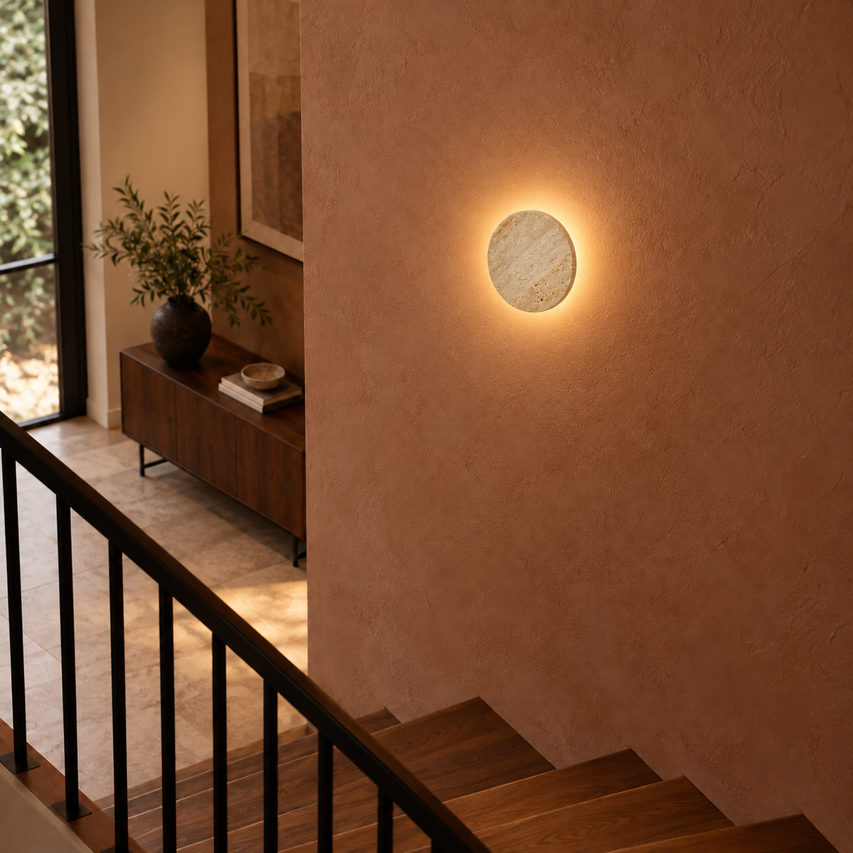 KOYAMA UTASHINAI travertine wall light — scene-a with corrected installation scale
