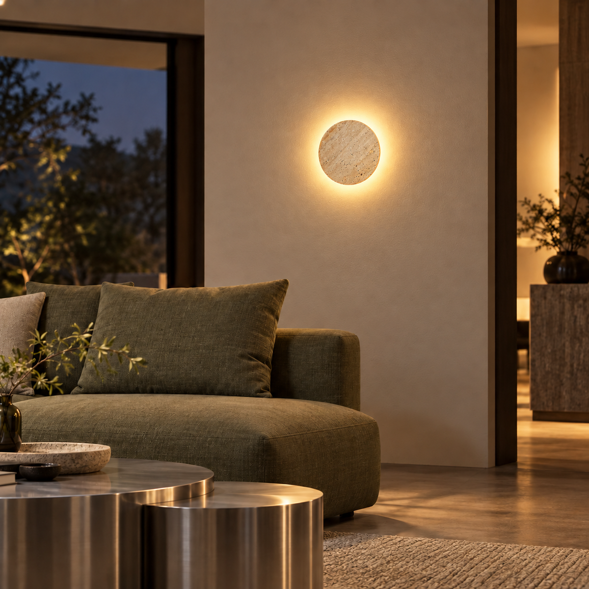 KOYAMA UTASHINAI travertine wall light — scene-b with corrected installation scale