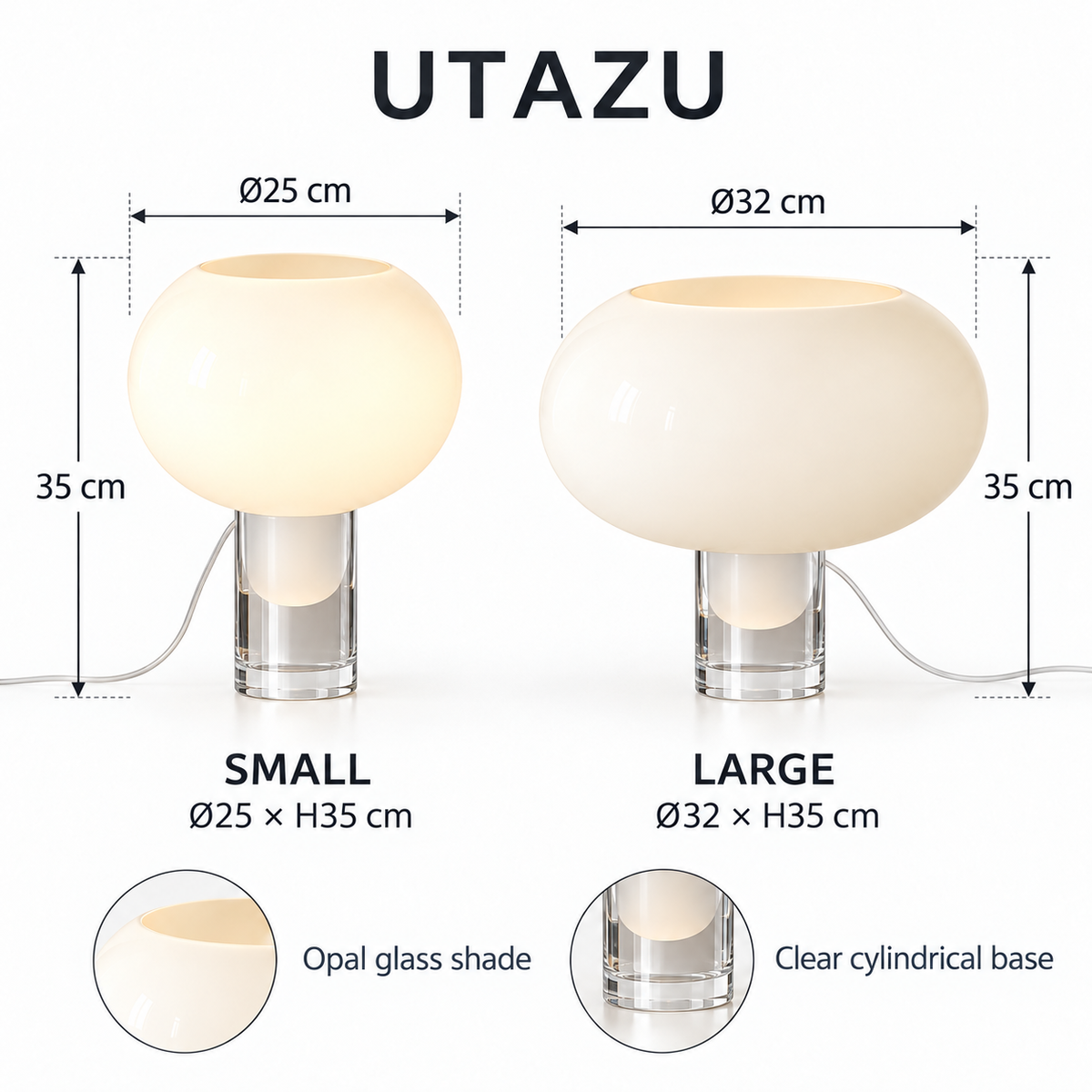UTAZU detail with thick clear glass base and short translucent inner form