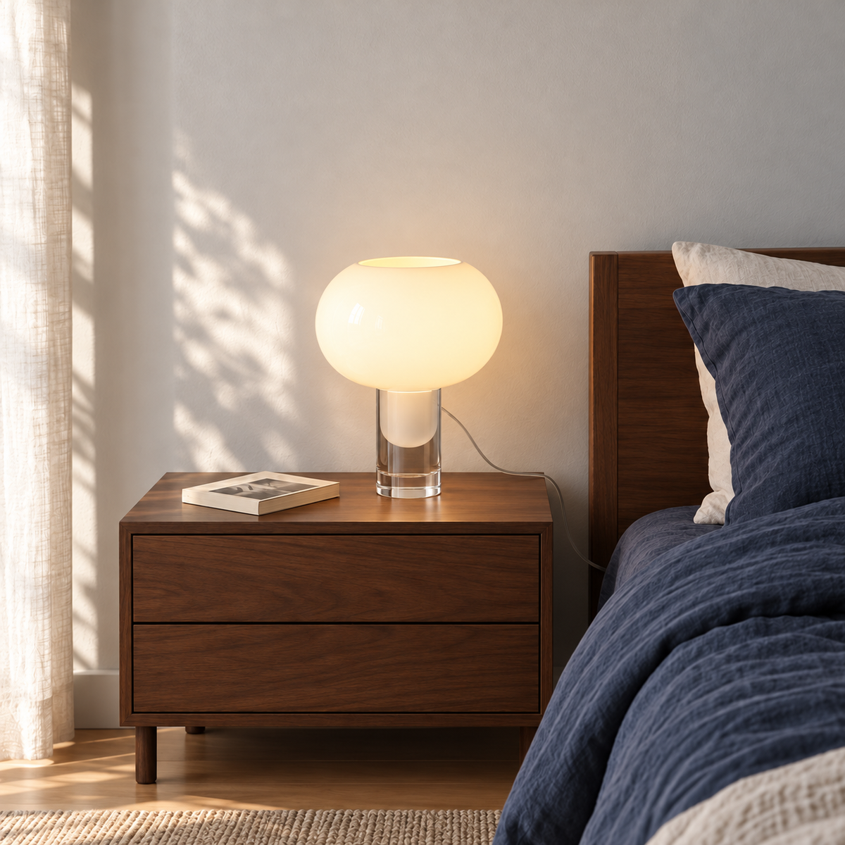 UTAZU scene-bedroom with thick clear glass base and short translucent inner form