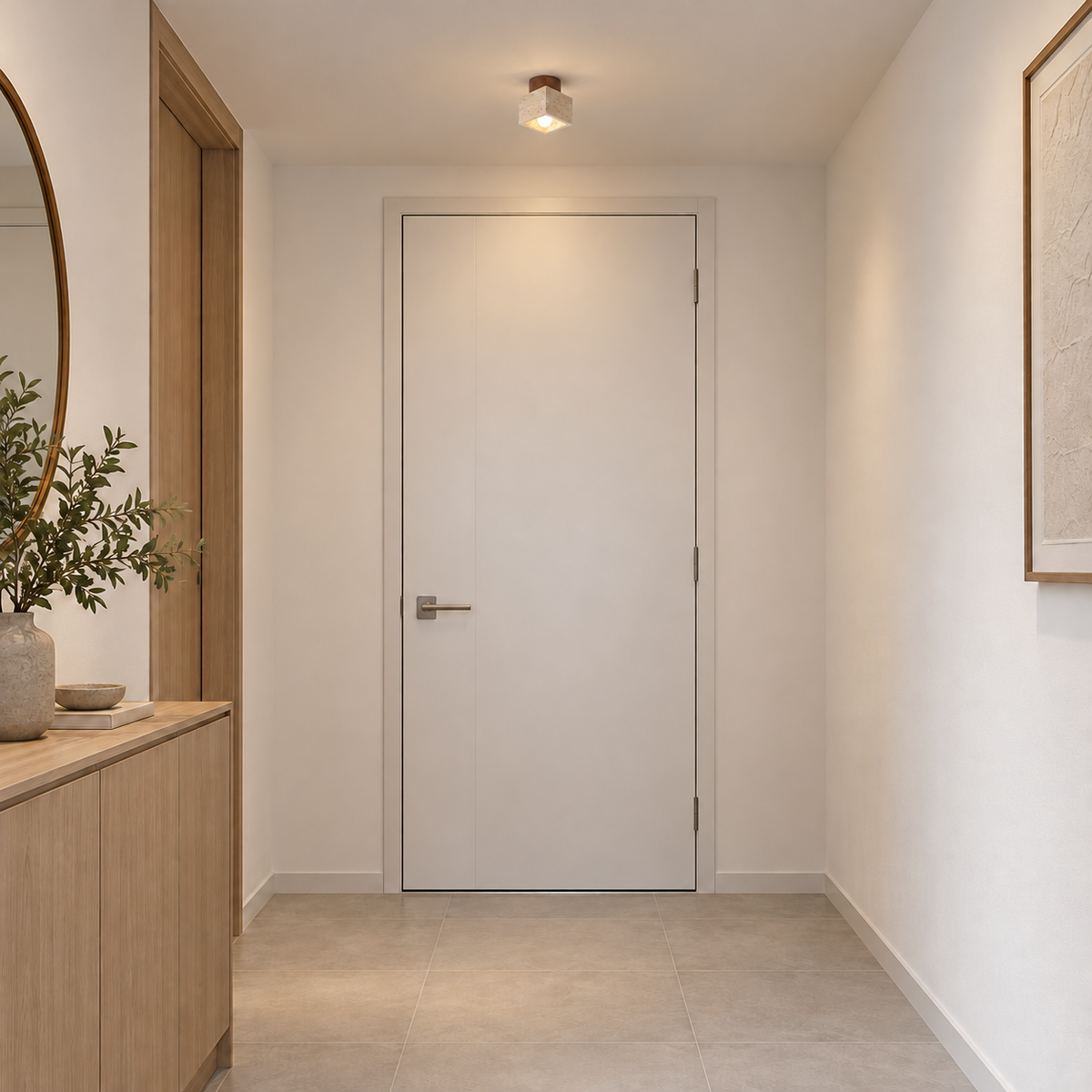 WAKKANAI realistic installation illustration with neutral contemporary interior and scaled ceiling fixture