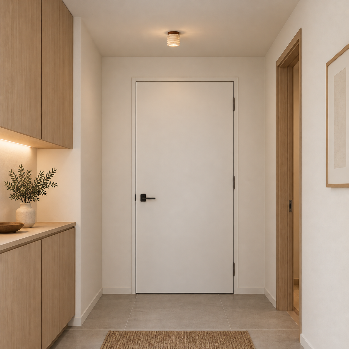 YOICHI realistic installation illustration with neutral contemporary walls and actual-size ceiling fixture