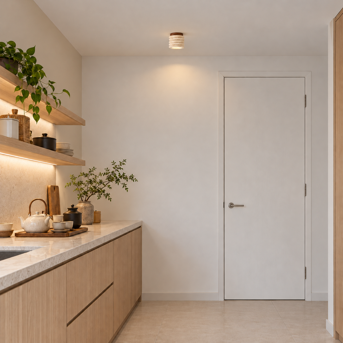 YOICHI realistic installation illustration with neutral contemporary walls and actual-size ceiling fixture
